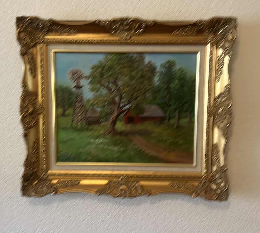 Photo 1 of SIGNED OIL ON CANVAS “RED BARN AND WINDMILL ORNATE GOLD FRAMED 28 1/2” x 25