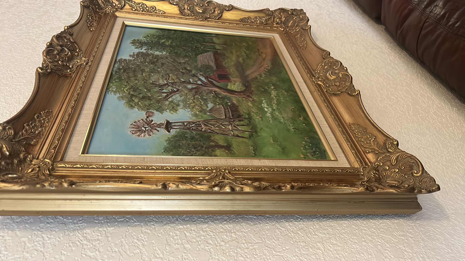 Photo 1 of SIGNED OIL ON CANVAS “RED BARN AND WINDMILL ORNATE GOLD FRAMED 28 1/2” x 25