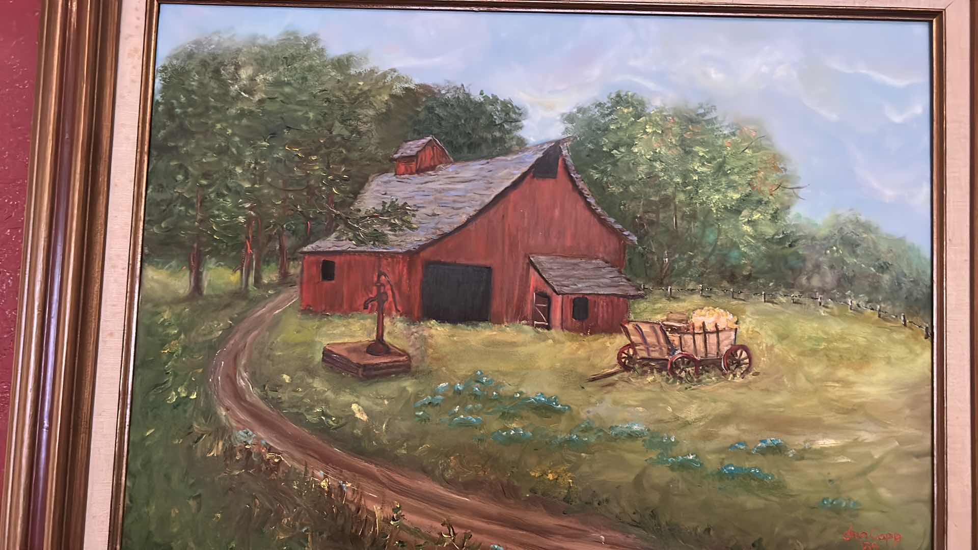 Photo 1 of SIGNED OIL ON CANVAS “RED BARN” WOOD FRAMED 31” x 25”