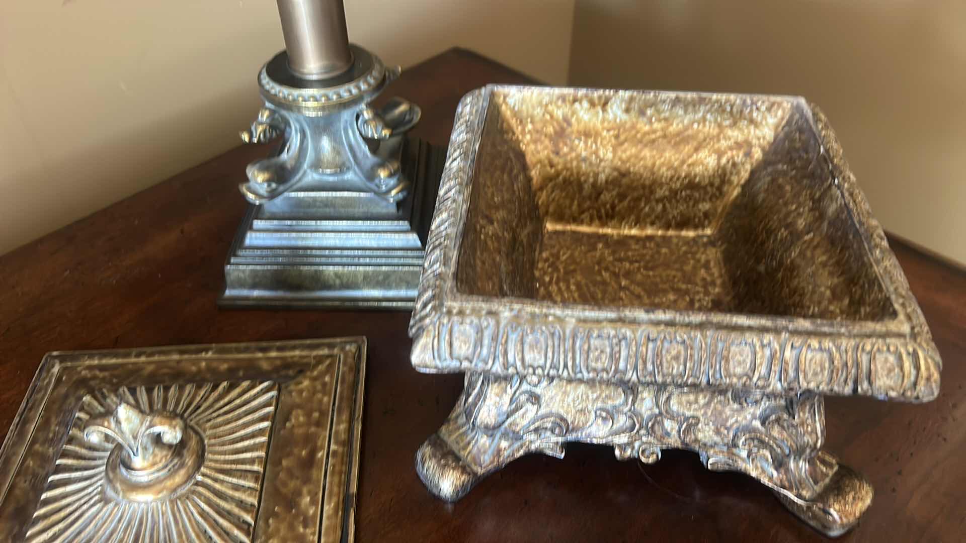 Photo 1 of METAL TABLE LAMP AND ORNATE BOX DECOR H29”