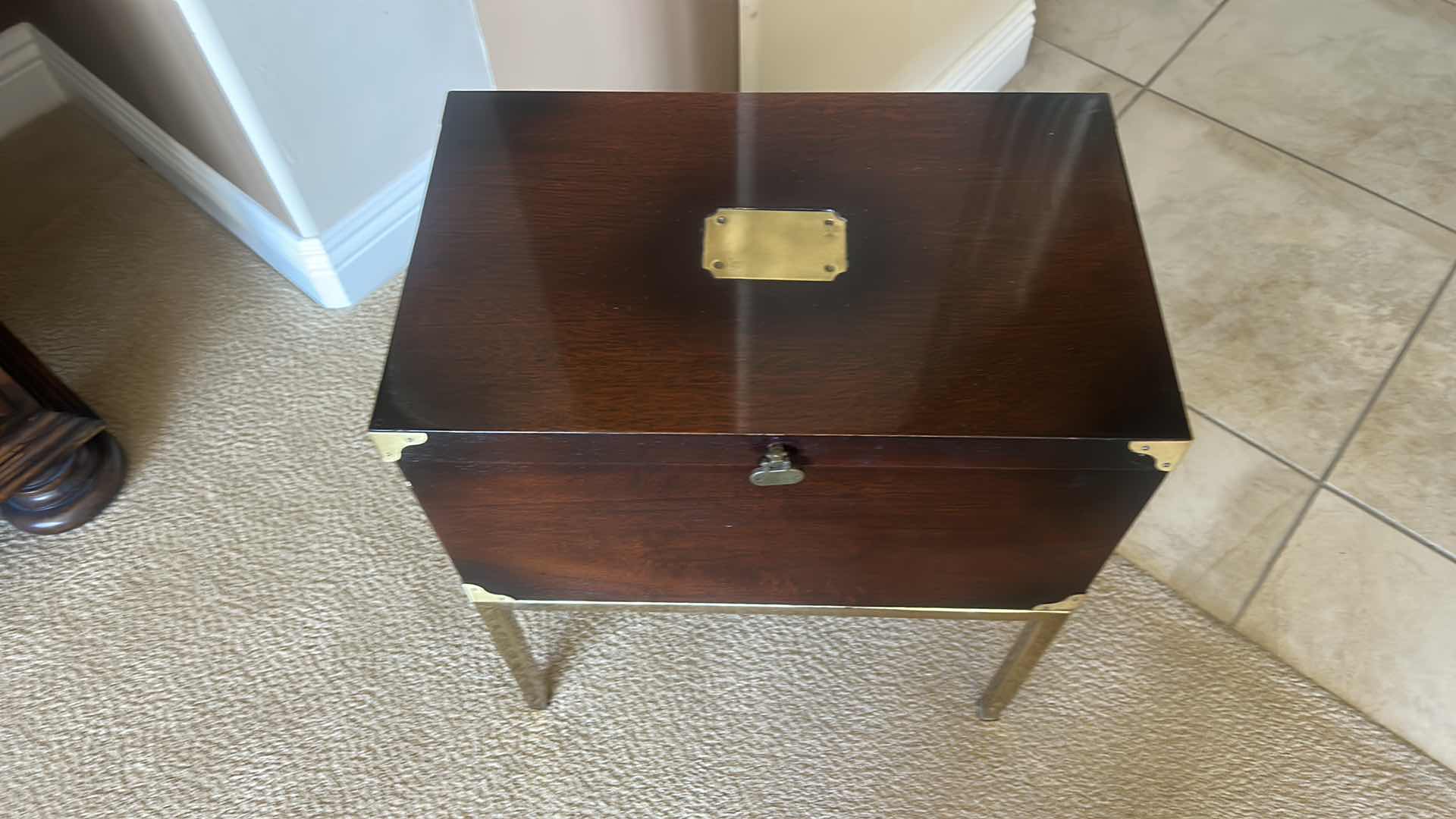 Photo 1 of HEAVY WOOD CHEST WITH BRASS ACCENT ON BRASS LEGS 18” x 11” x 21”