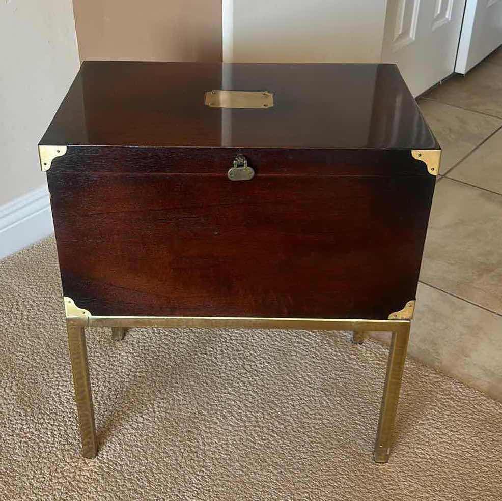 Photo 1 of HEAVY WOOD CHEST WITH BRASS ACCENT ON BRASS LEGS 18” x 11” x 21”