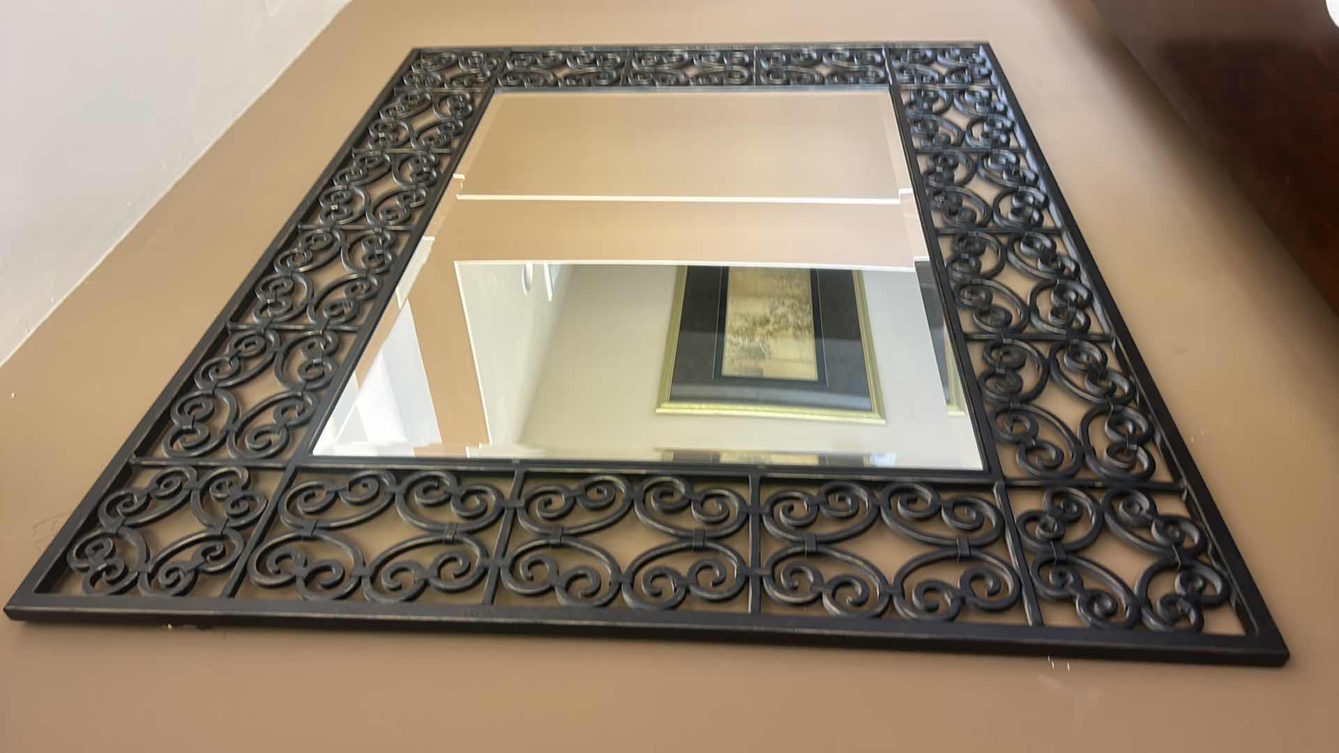 Photo 4 of HEAVY METAL SCROLL FRAMED BEVELED GLASS MIRROR 55” x 45”