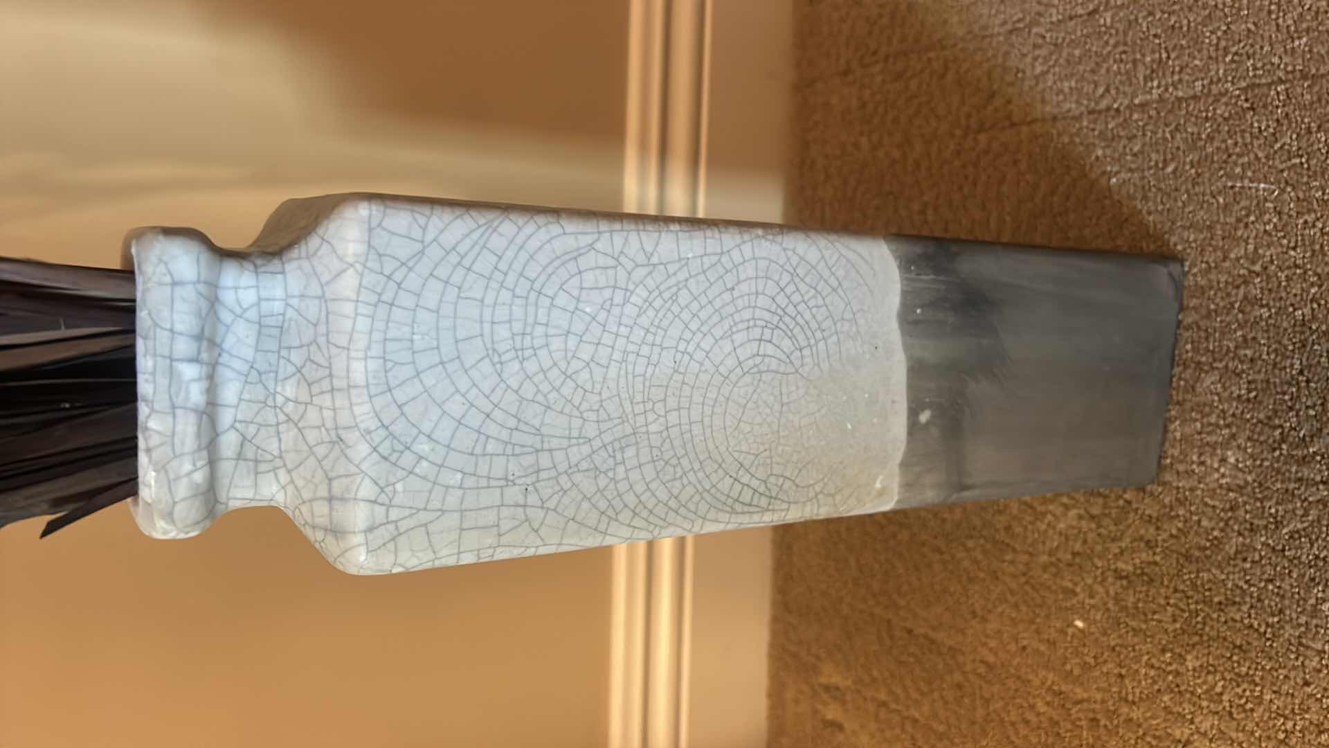 Photo 1 of TALL GLAZED CRACKLED CERAMIC VASE WITH FAUX FLORAL (HEIGHT WITH REEDS 4’