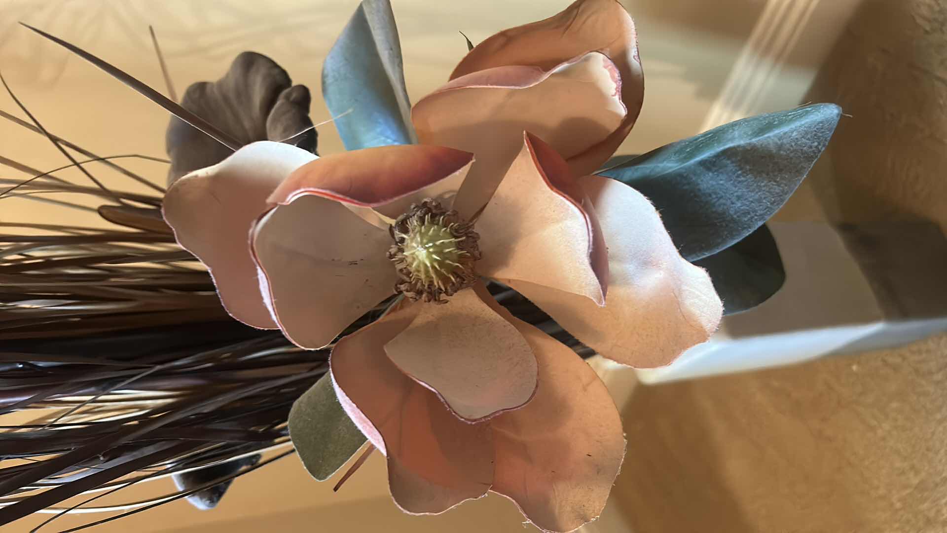 Photo 4 of TALL GLAZED CRACKLED CERAMIC VASE WITH FAUX FLORAL (HEIGHT WITH REEDS 4’