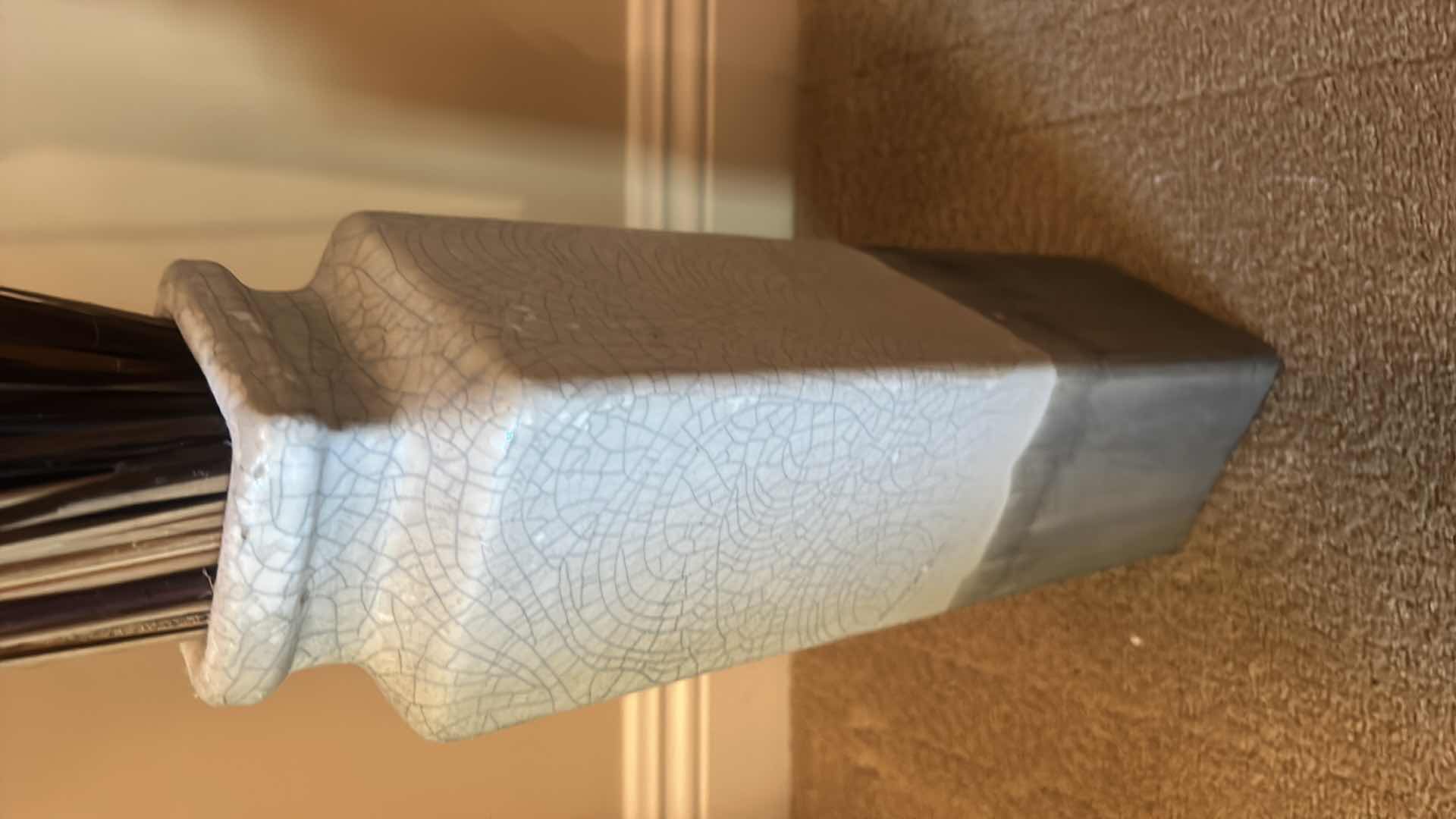 Photo 3 of TALL GLAZED CRACKLED CERAMIC VASE WITH FAUX FLORAL (HEIGHT WITH REEDS 4’