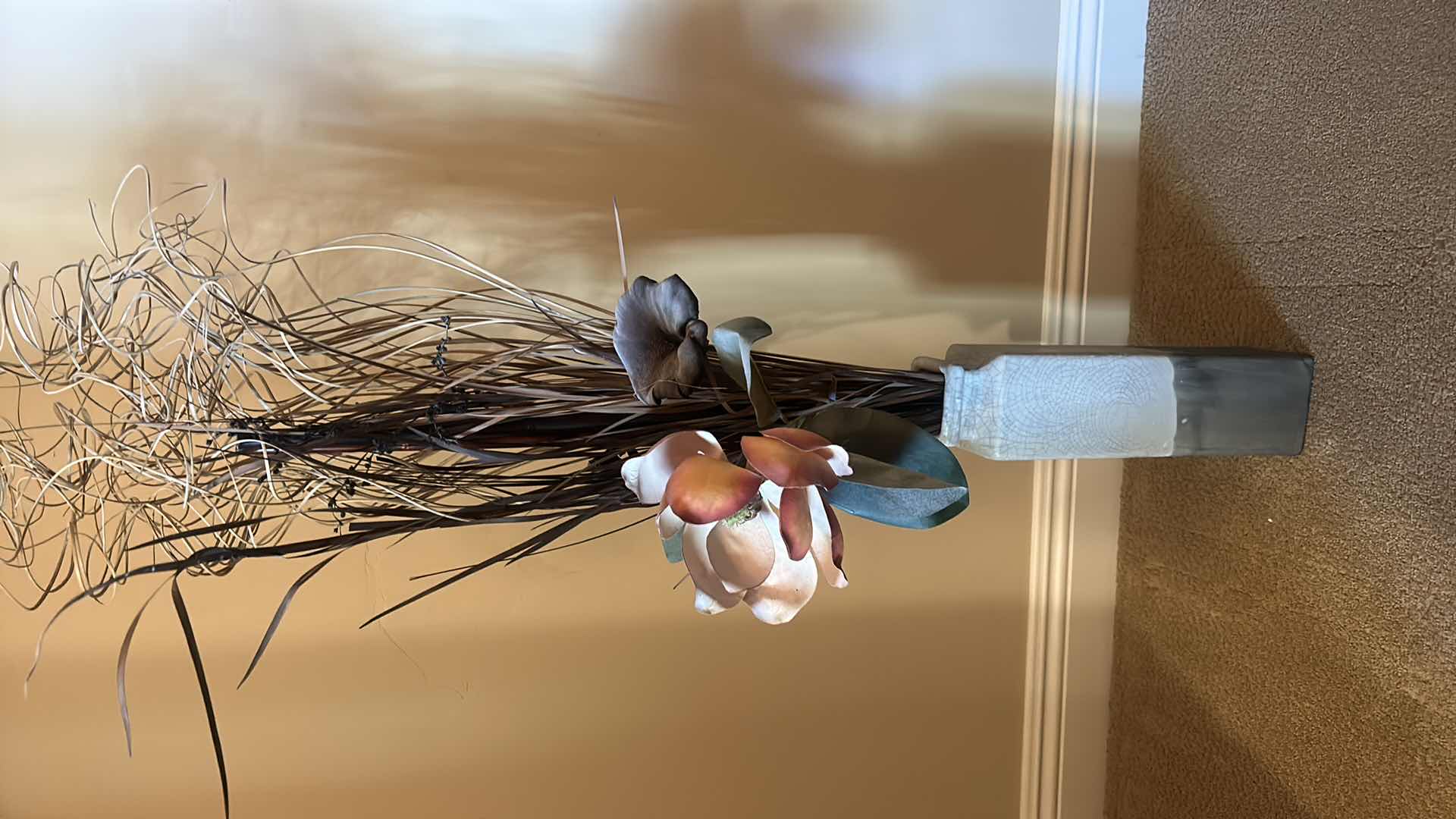 Photo 6 of TALL GLAZED CRACKLED CERAMIC VASE WITH FAUX FLORAL (HEIGHT WITH REEDS 4’