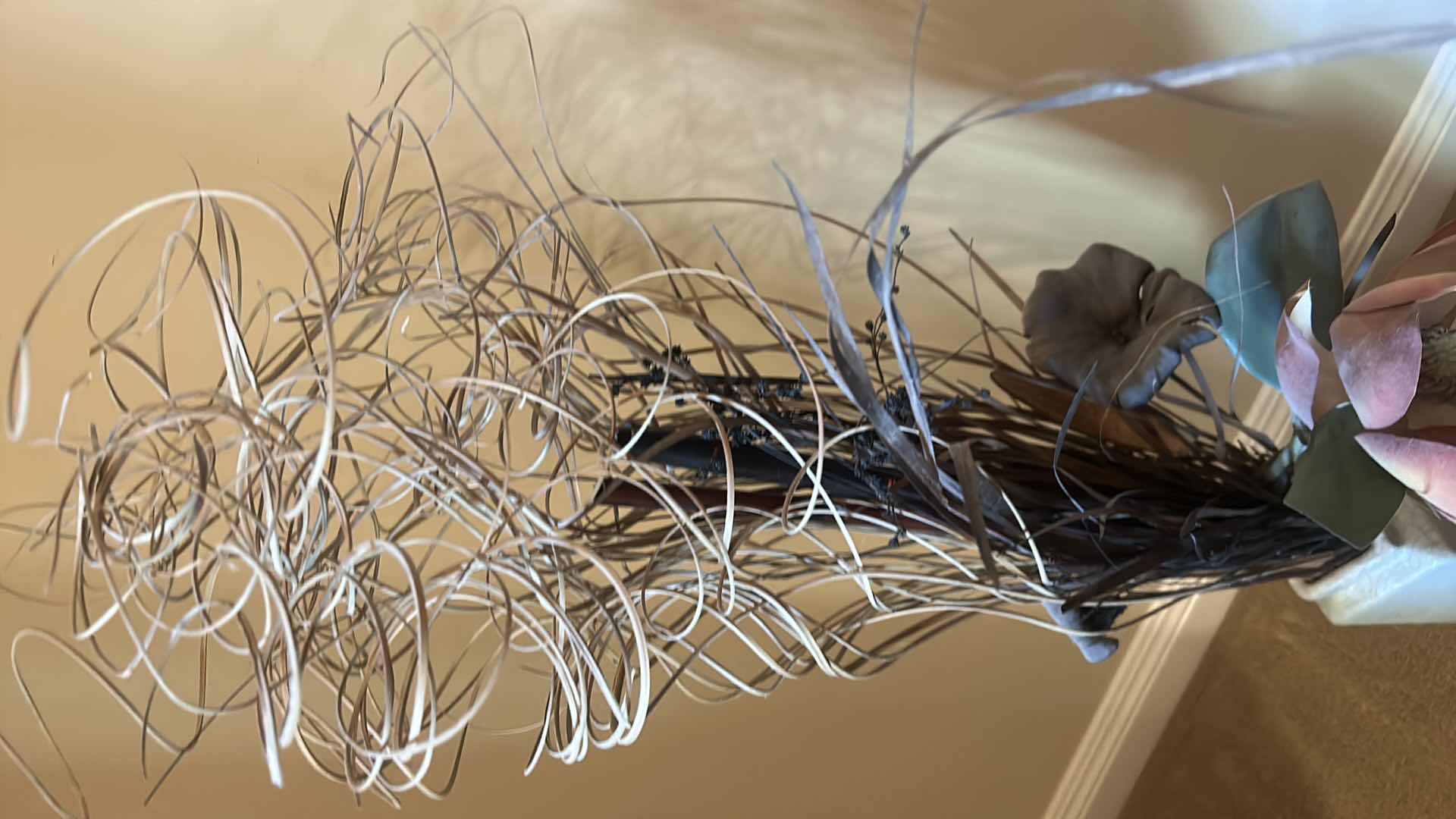 Photo 5 of TALL GLAZED CRACKLED CERAMIC VASE WITH FAUX FLORAL (HEIGHT WITH REEDS 4’