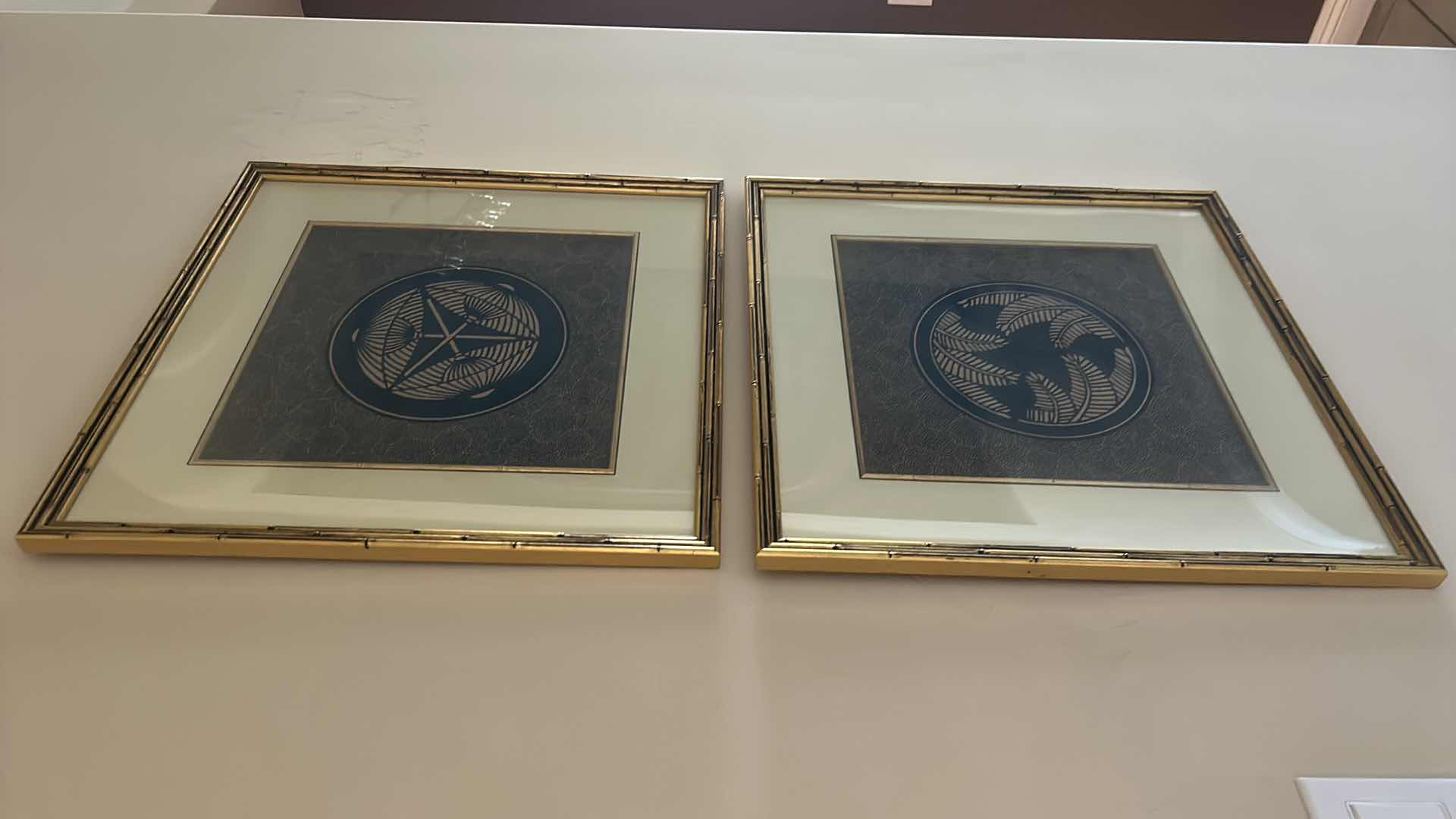 Photo 1 of 2 GOLD AND BLACK ASIAN INSPIRED ARTWORK, GOLD BAMBOO FRAME 21 1/4 x 21 1/4