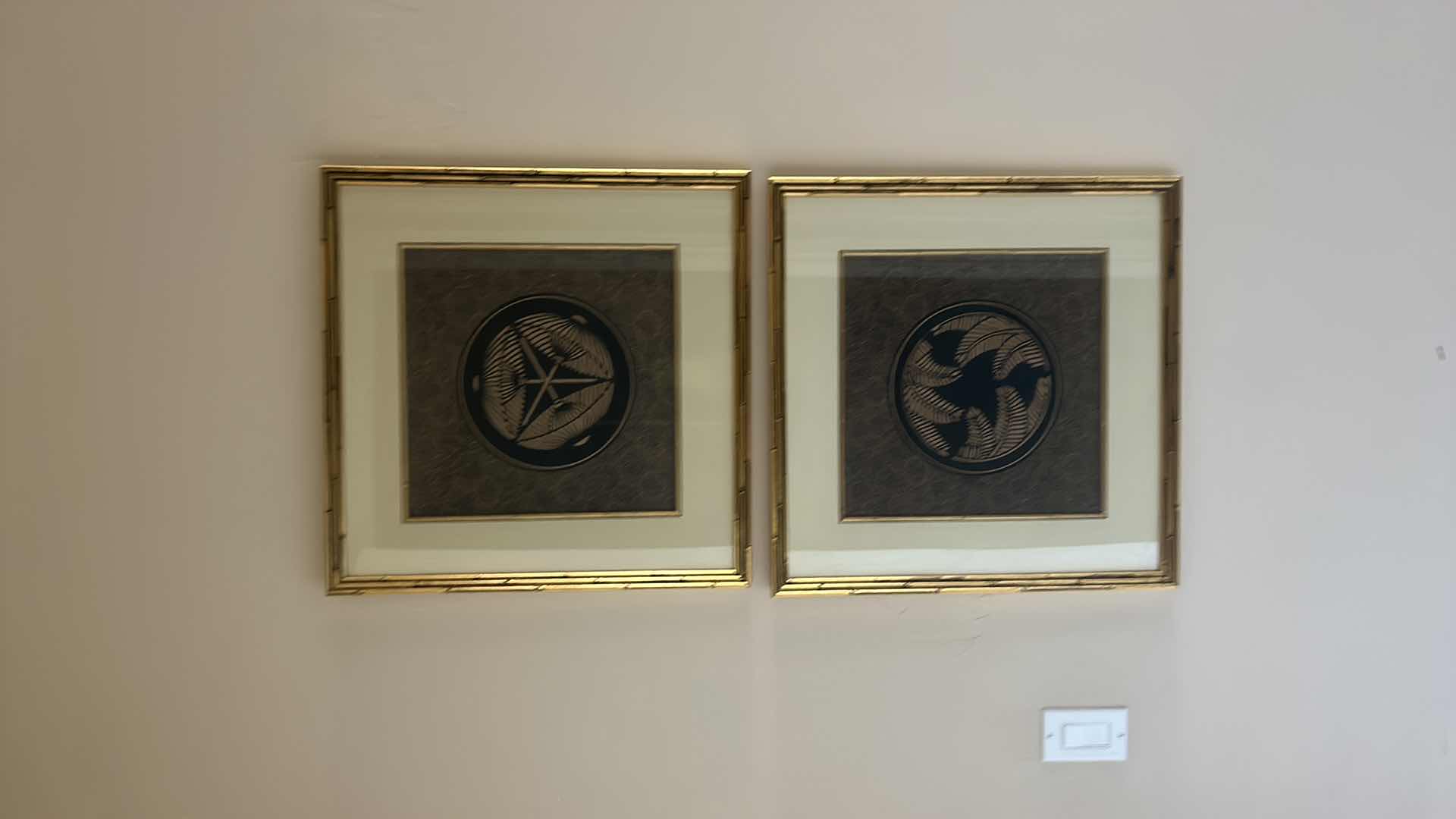 Photo 1 of 2 GOLD AND BLACK ASIAN INSPIRED ARTWORK, GOLD BAMBOO FRAME 21 1/4 x 21 1/4