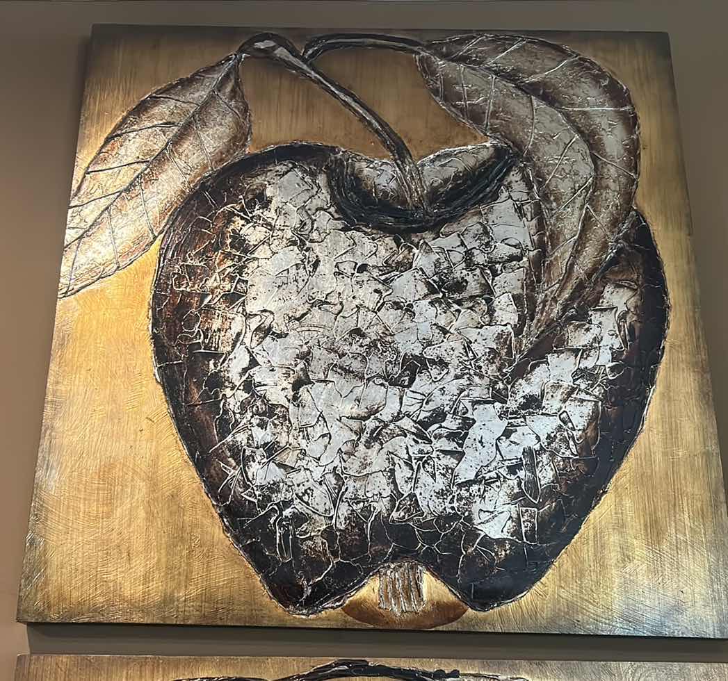 View 6 of LARGE TEXTURED GOLD AND SILVER APPLE ARTWORK ON WOOD 39 1/4” x 39 1/4” x 2”