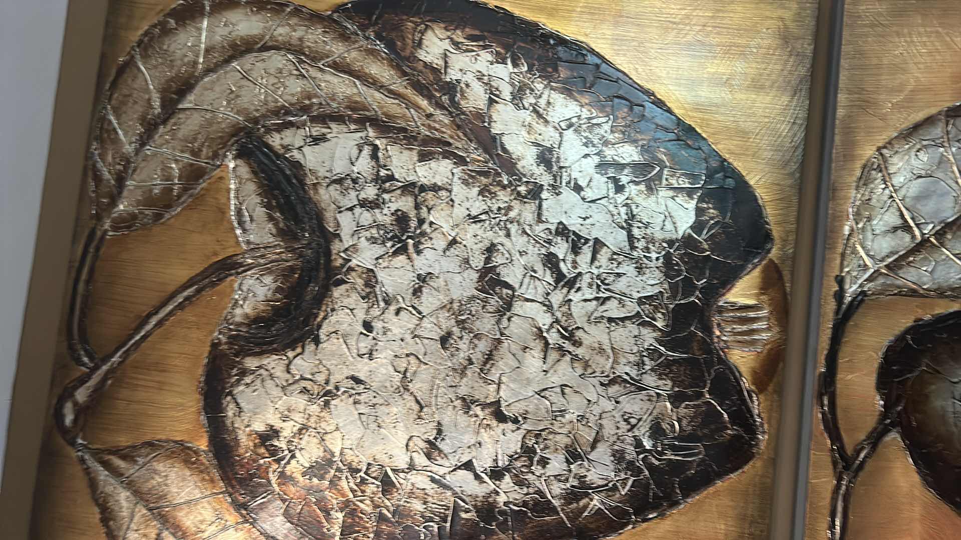 View 2 of LARGE TEXTURED GOLD AND SILVER APPLE ARTWORK ON WOOD 39 1/4” x 39 1/4” x 2”
