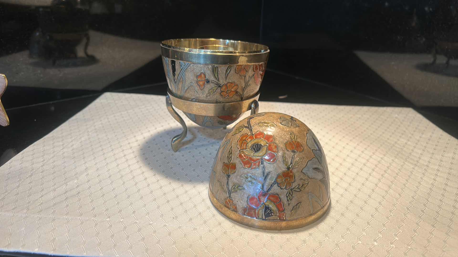 Photo 1 of LARGE HAND PAINTED BRASS EGG WITH BRASS STAND 7 1/4"