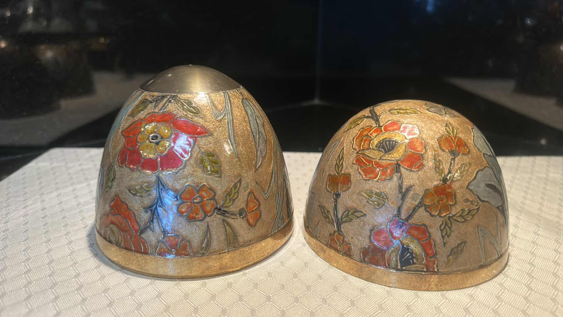 Photo 1 of LARGE HAND PAINTED BRASS EGG WITH BRASS STAND 7 1/4"