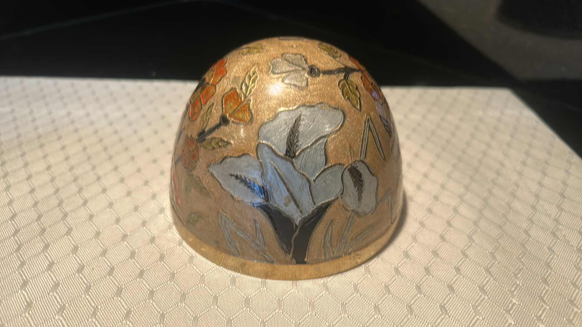 Photo 1 of LARGE HAND PAINTED BRASS EGG WITH BRASS STAND 7 1/4"
