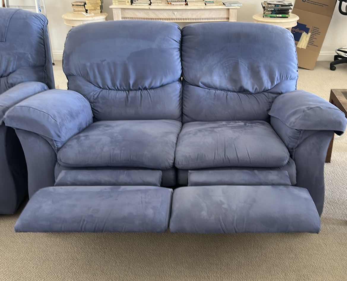 Photo 1 of BLUE SOFT SUEDE LA-Z-BOY DOUBLE RECLINER LOVESEAT 66” x H40”