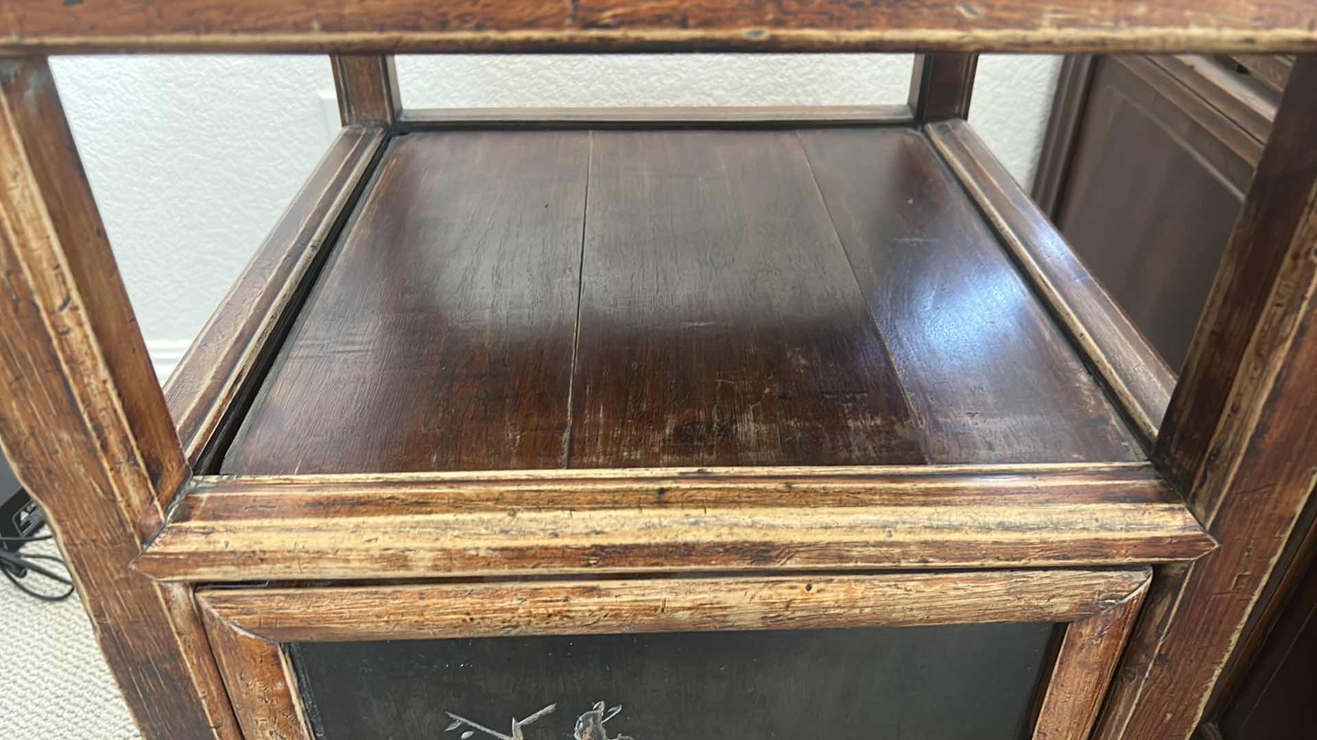 Photo 1 of ANTIQUE CHINESE HAND-CARVED SIDE TABLE W STORAGE 17” x 17”  H31”