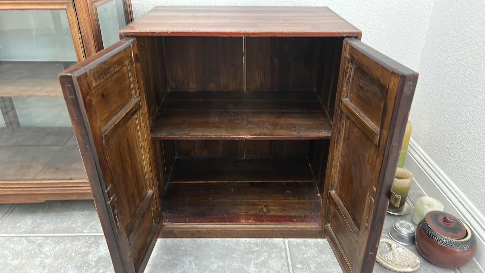 Photo 1 of ANTIQUE CHINESE CABINET W BRASS HARDWARE 23“ x 16“  H24"