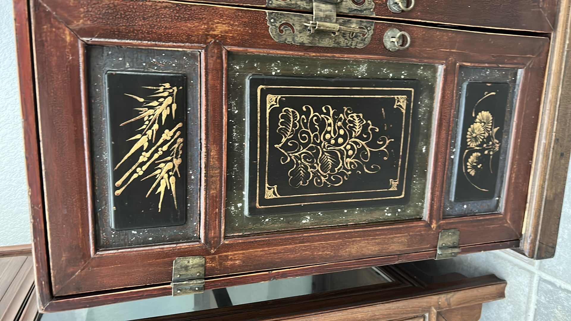 Photo 1 of ANTIQUE CHINESE CABINET W BRASS HARDWARE 23“ x 16“  H24"