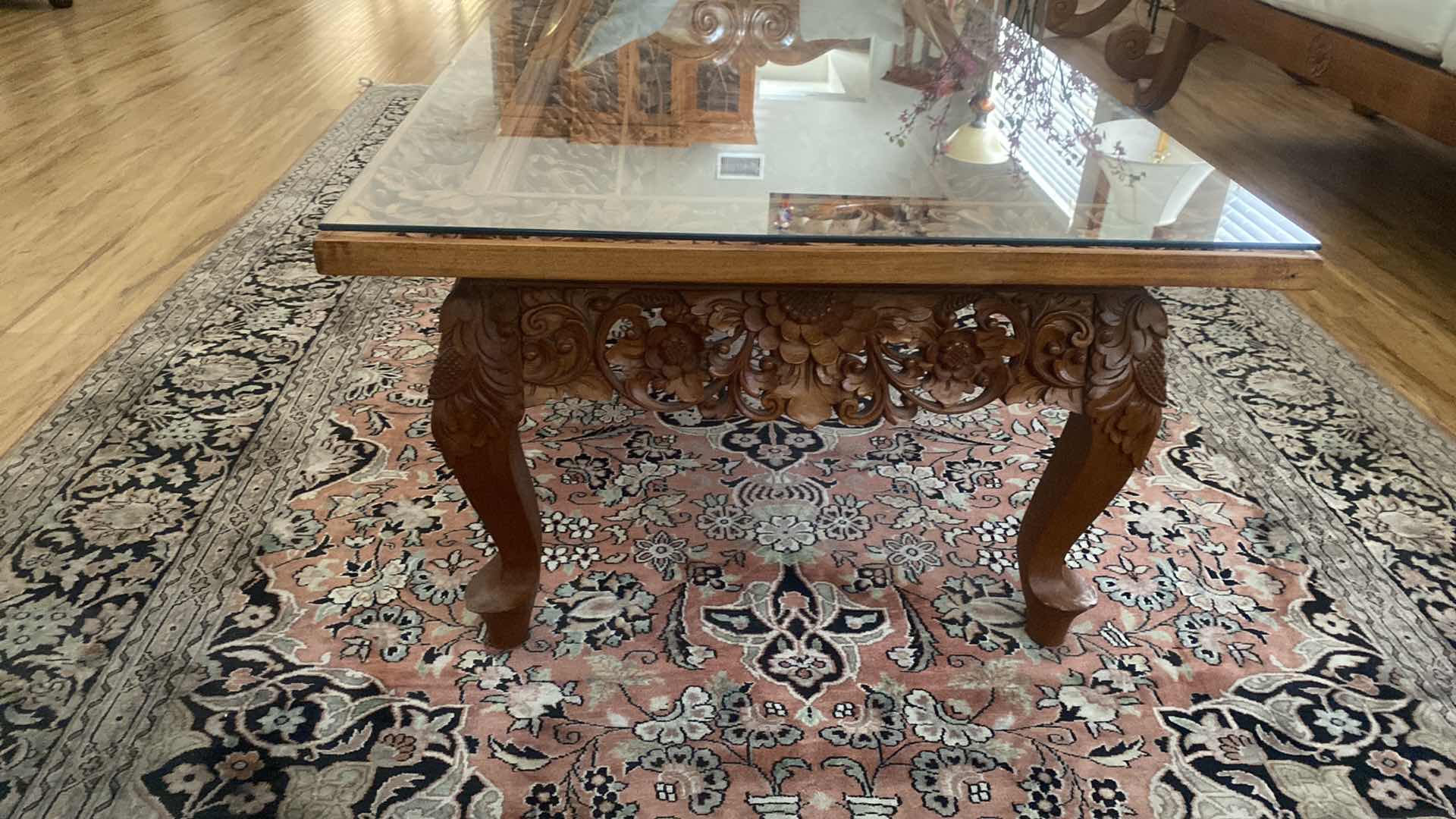 Photo 1 of CUSTOM MADE HAND CARVED WOOD WITH GLASS TOP COCKTAIL TABLE FROM BALI INDONESIA 60” x 28 1/2” x 18”