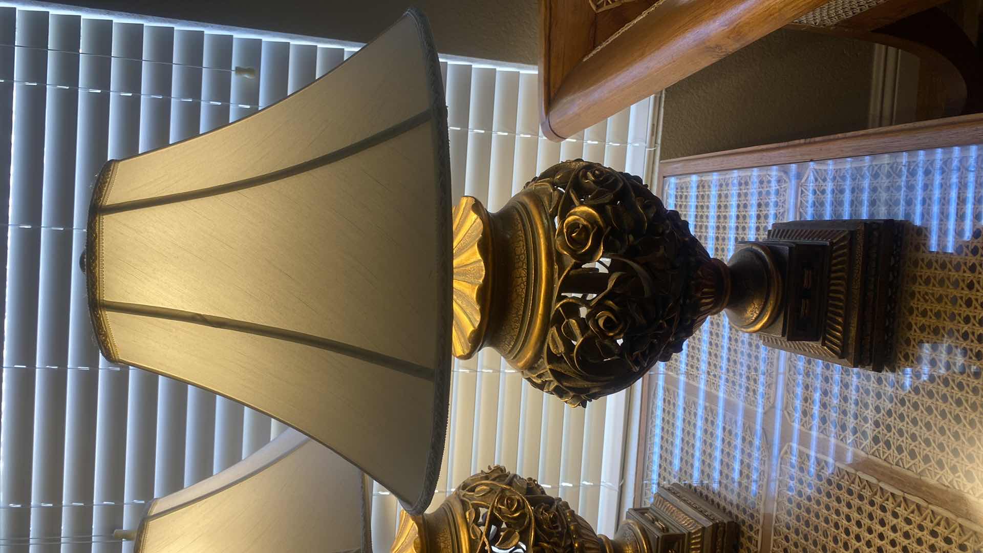 Photo 1 of PAIR OF CRACKLED ROSE PATTERN TABLE LAMPS H 31”