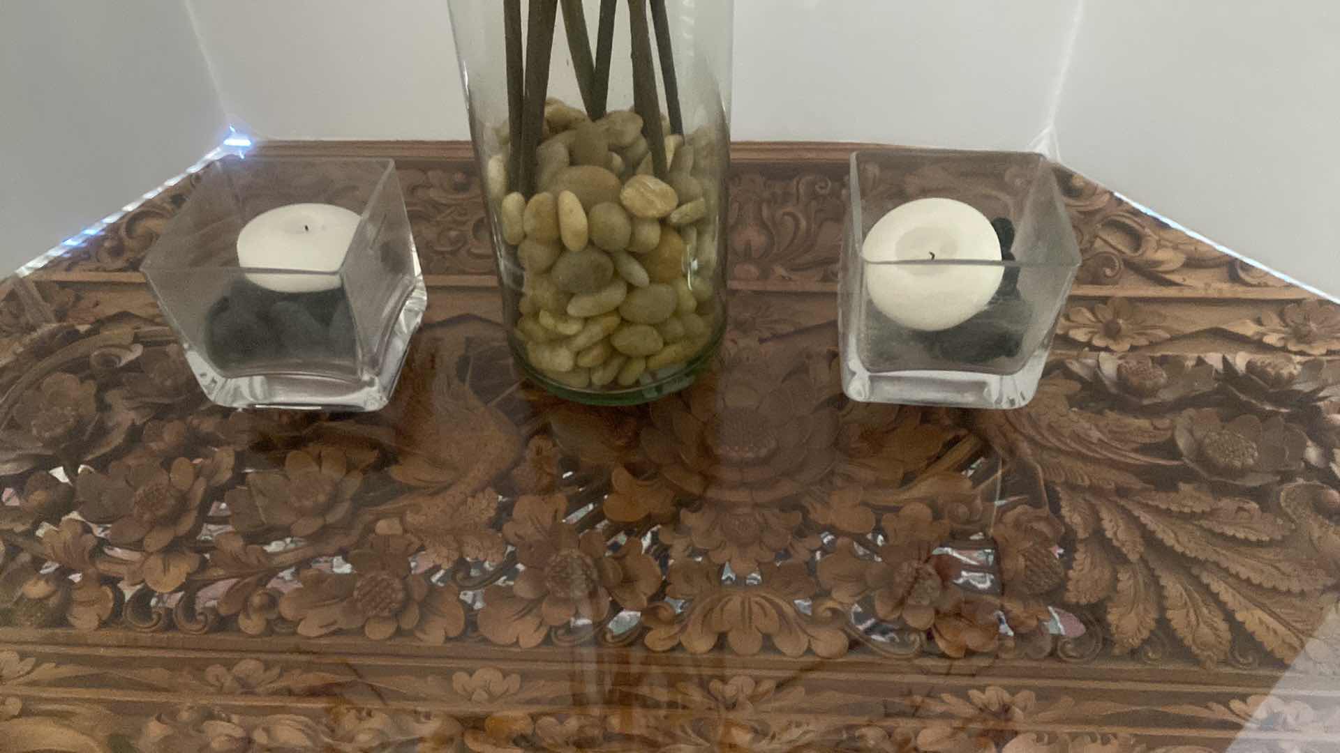 Photo 1 of FAUX FLORAL IN GLASS VASE H 17 1/2” AND 2 SMALL VASES WITH CANDLES