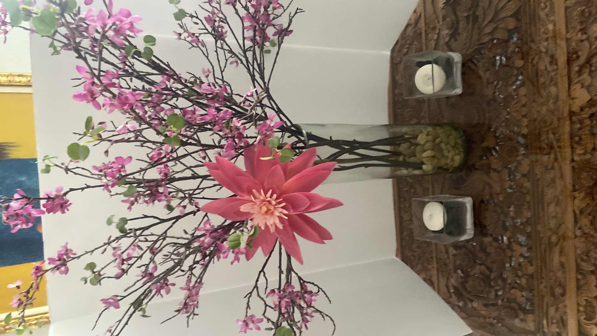 Photo 1 of FAUX FLORAL IN GLASS VASE H 17 1/2” AND 2 SMALL VASES WITH CANDLES