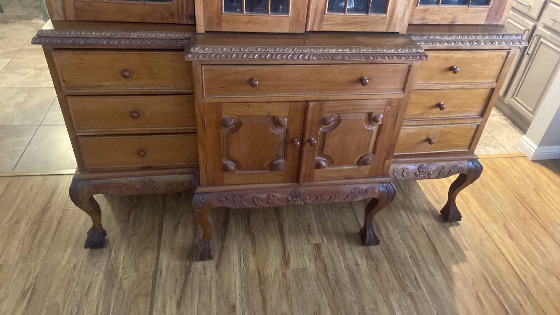 Photo 3 of CUSTOM MADE WOOD CHINA DISPLAY WITH CLAW FEET AND FROM BALI INDONESIA 73” x 23 1/2” x 91”