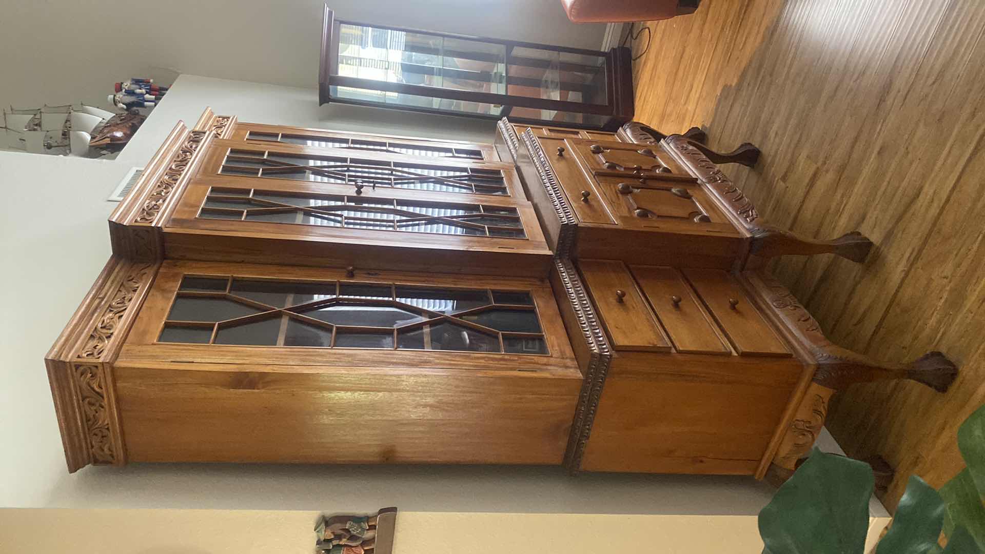 Photo 4 of CUSTOM MADE WOOD CHINA DISPLAY WITH CLAW FEET AND FROM BALI INDONESIA 73” x 23 1/2” x 91”