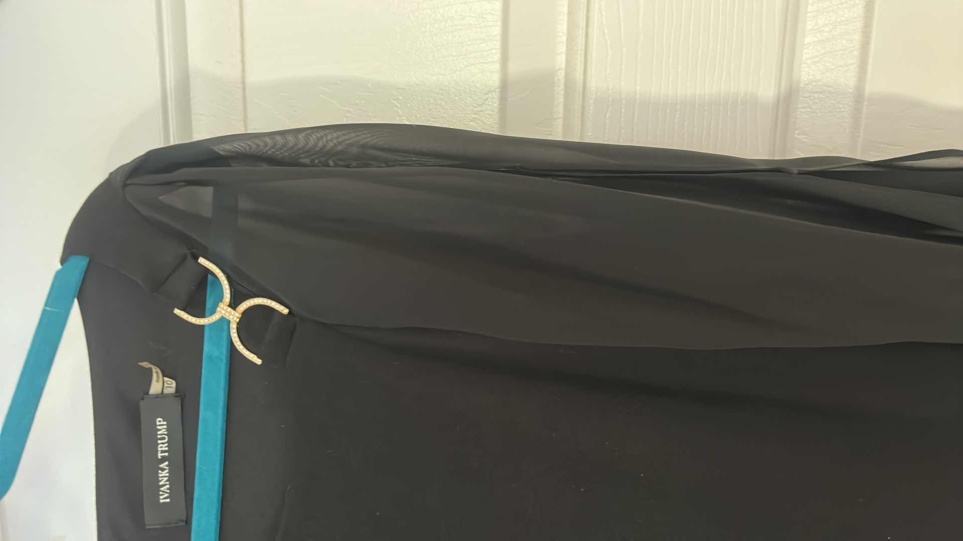 Photo 1 of WOMENS IVANKA TRUMP BLACK COCKTAIL DRESS WITH SHEER COLD SLEEVES AND OFFSET NECKLINE, SIZE 10