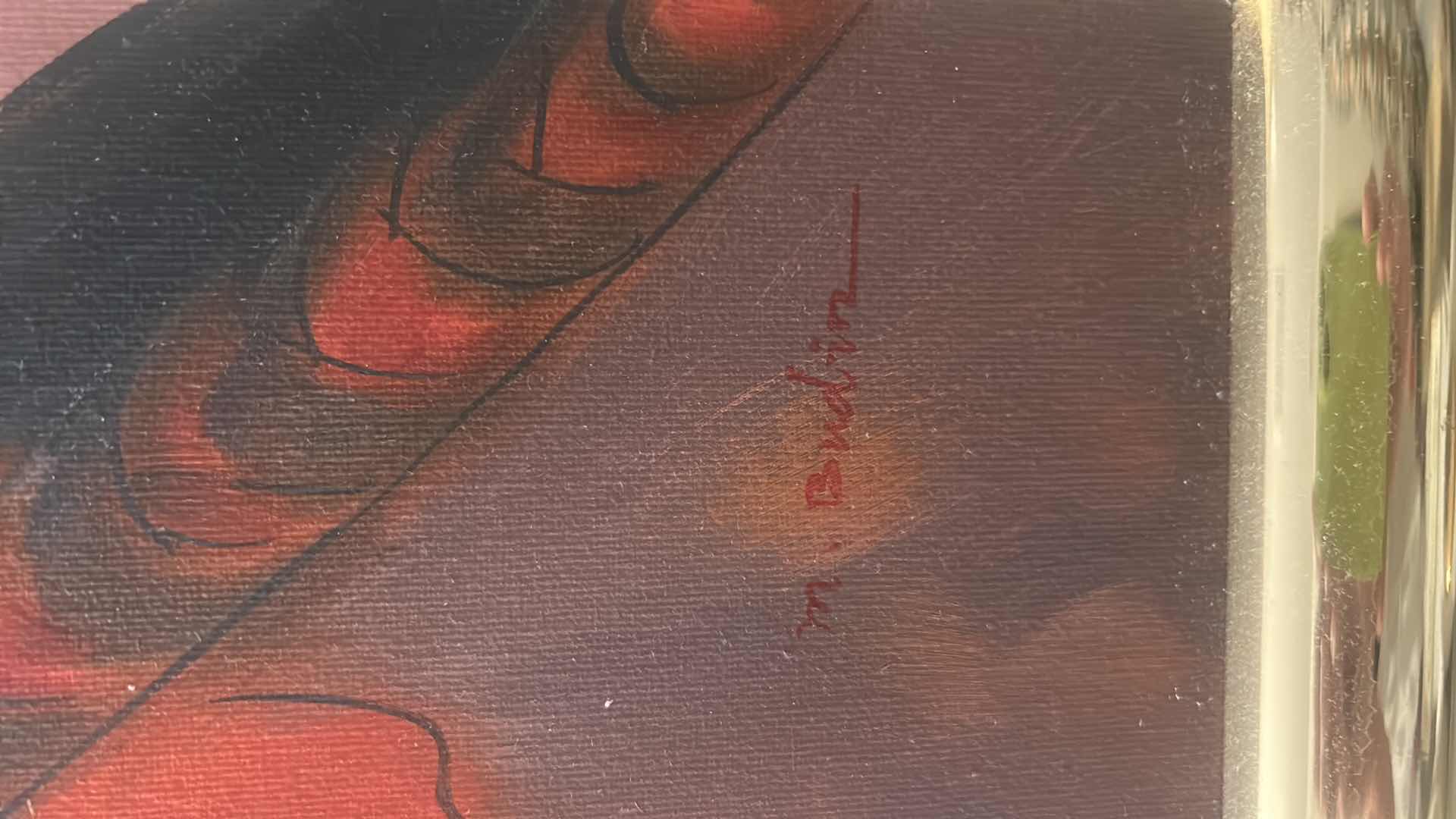 Photo 1 of GOLD FRAMED OIL ON CANVAS “LADY IN RED”  SIGNED M. BUDIN ARTWORK 14“ x 26“