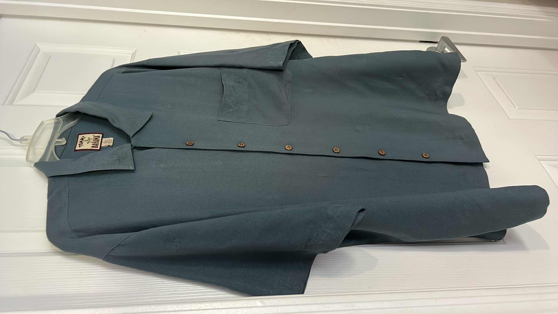 Photo 1 of MENS CLOTHING- TOMMY BAHAMAS SLATE BLUE WITH SMALL PALM TREES 100% SILK SHIRT SIZE LARGE