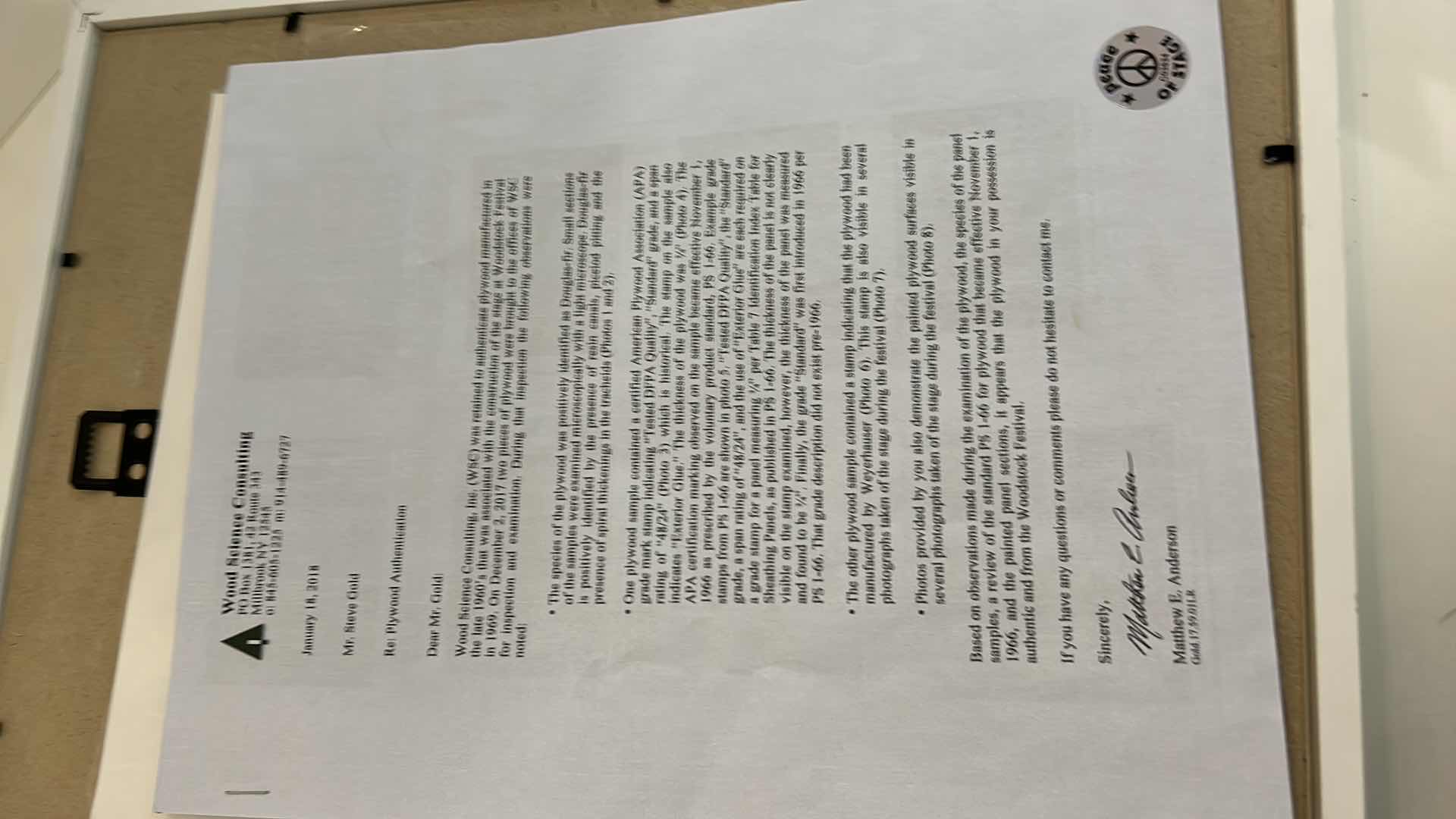 Photo 1 of AUTHENTIC WOODSTOCK FESTIVAL 1969 MEMORABILIA IN ORIGINAL DESIGNED SHADOW BOX. 12“ x 15“INCLUDES WOODSTOCK TICKET, PIECE OF THE GATE AND PIECE OF THE STAGE. GATE AND STAGE CRAFTED INTO PEACE SIGNS. DOCUMENTATION AND AUTHENTICITY PAPERS INCLUDED.