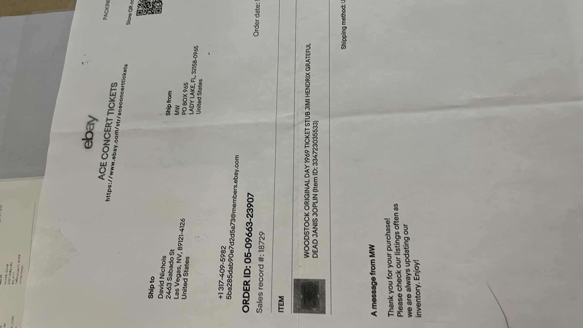 Photo 1 of AUTHENTIC WOODSTOCK FESTIVAL 1969 MEMORABILIA IN ORIGINAL DESIGNED SHADOW BOX. 12“ x 15“INCLUDES WOODSTOCK TICKET, PIECE OF THE GATE AND PIECE OF THE STAGE. GATE AND STAGE CRAFTED INTO PEACE SIGNS. DOCUMENTATION AND AUTHENTICITY PAPERS INCLUDED.