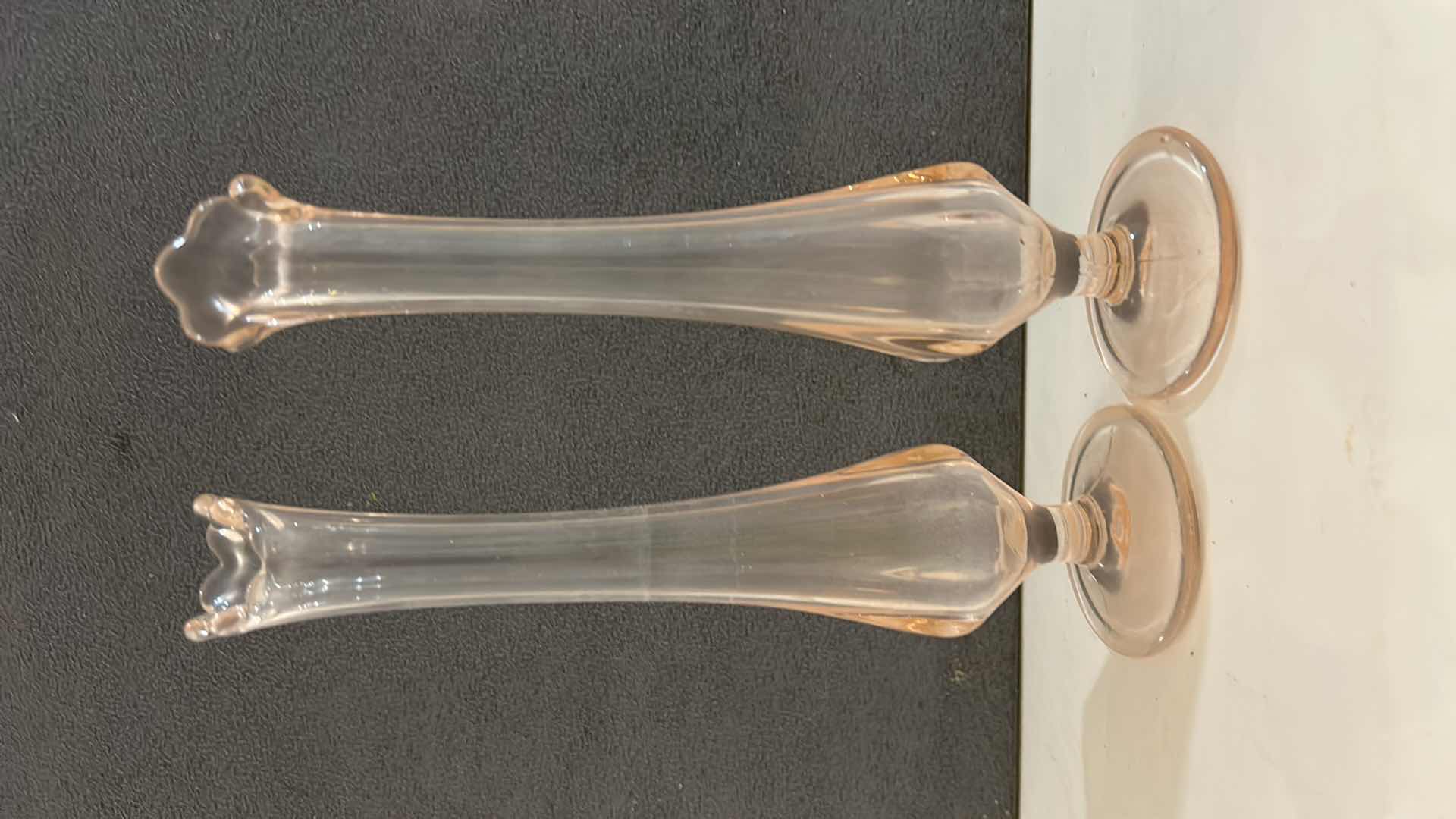 Photo 1 of DEPRESSION GLASS PALE PINK BUD VASES H 8”