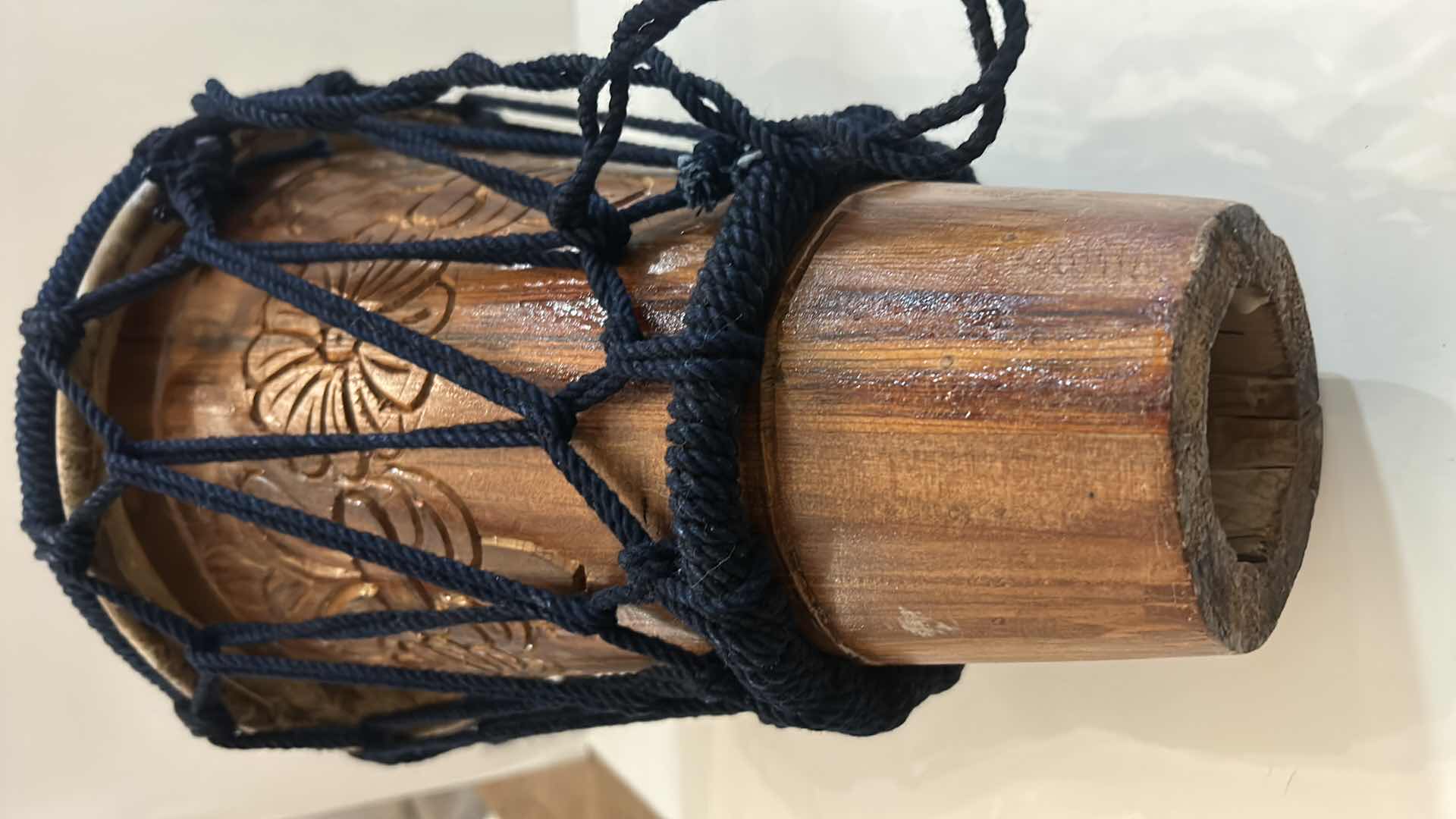 Photo 1 of VINTAGE CARVED WOOD BONGO DRUM MUSICAL INSTRUMENT - PERCUSSION H12”