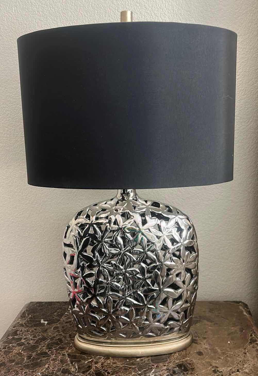 Photo 1 of 2 SILVER SCULPTED TABLE LAMPS WITH BKACK SHADES H30”