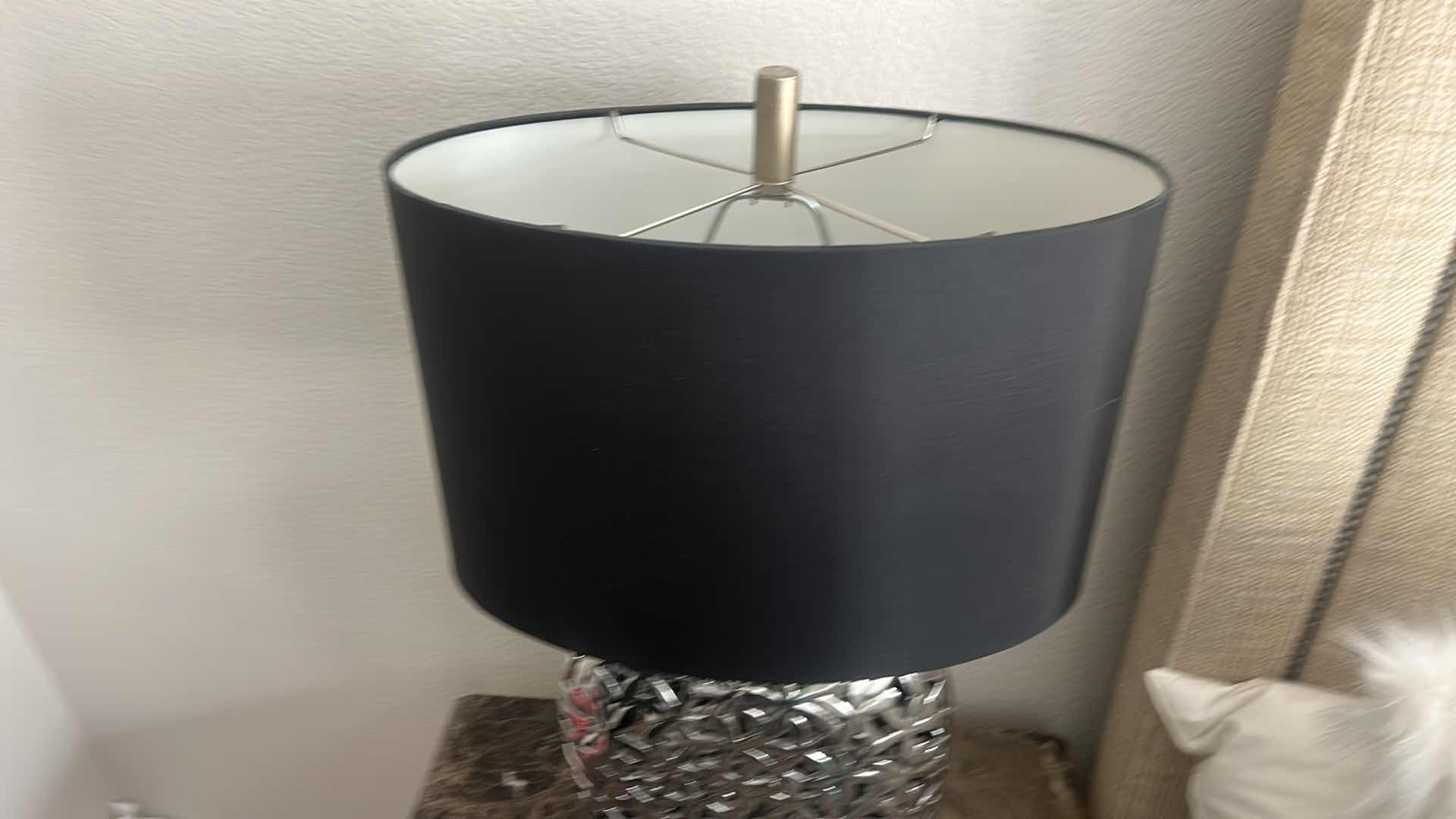 Photo 1 of 2 SILVER SCULPTED TABLE LAMPS WITH BKACK SHADES H30”