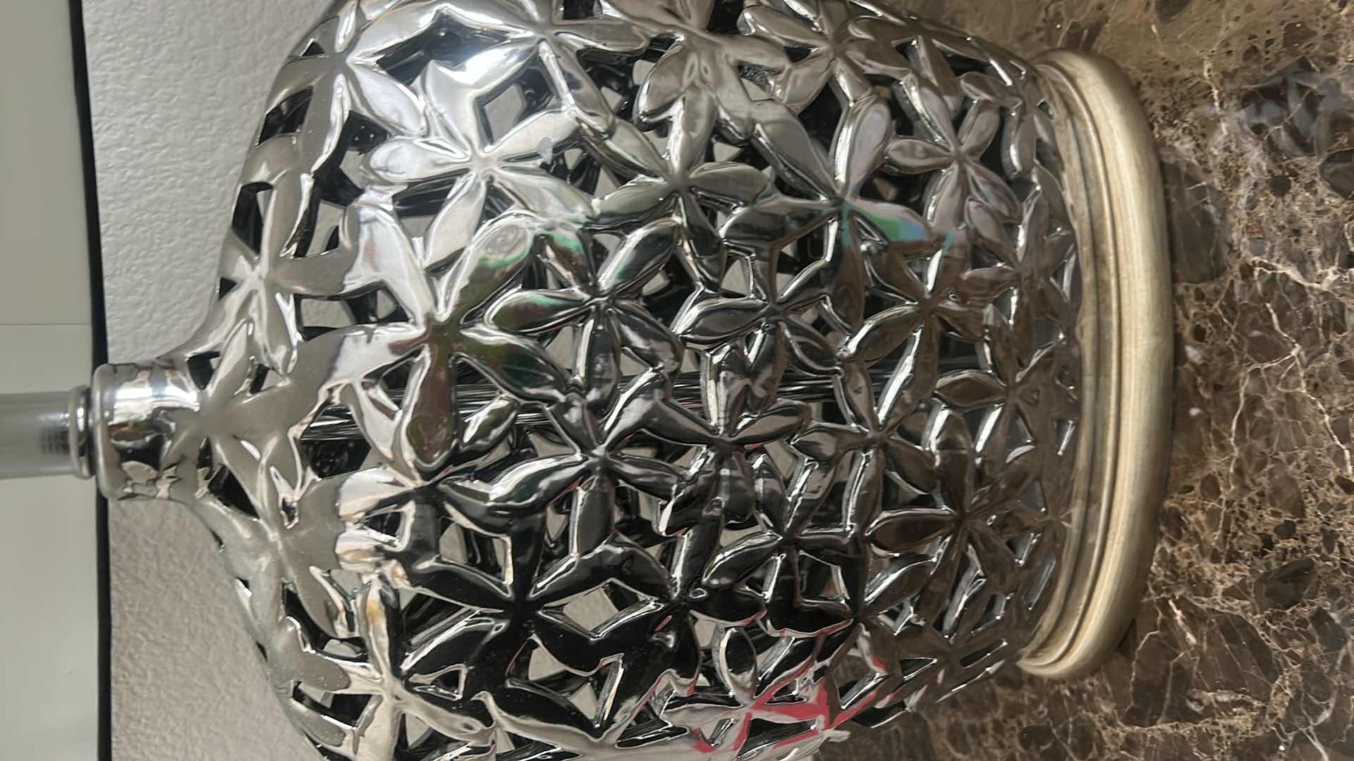 Photo 1 of 2 SILVER SCULPTED TABLE LAMPS WITH BKACK SHADES H30”