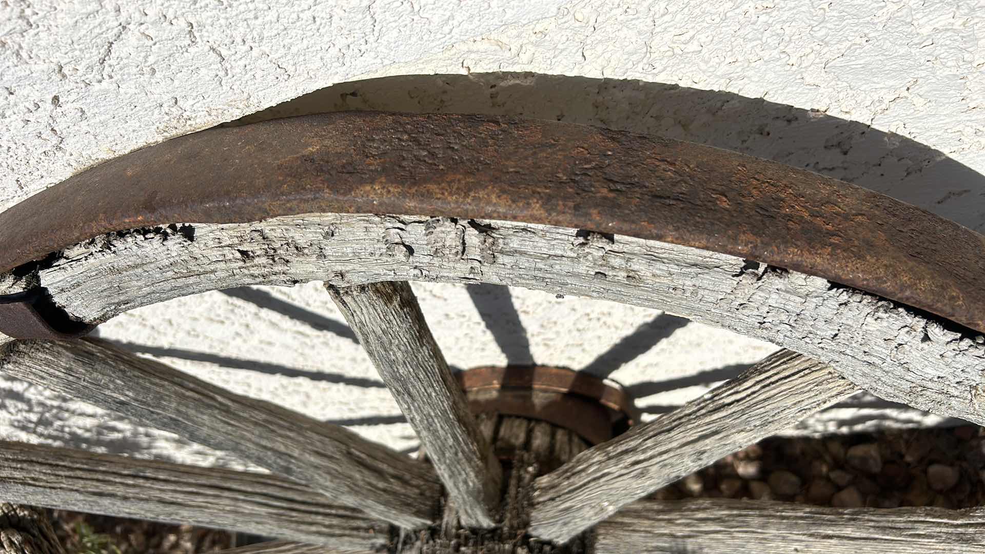 Photo 1 of ANTIQUE WOOD SND FORGED BRONZE WAGON WHEEL 42”