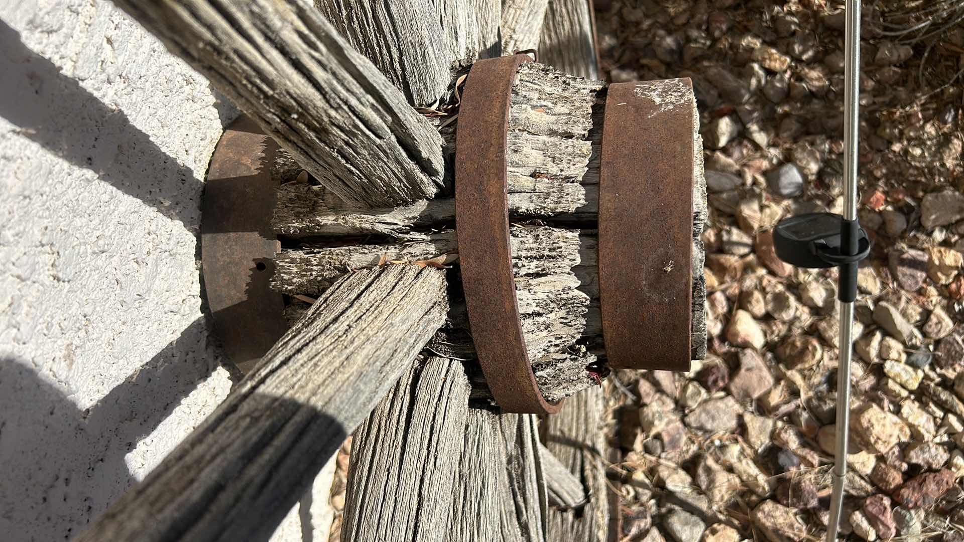 Photo 1 of ANTIQUE WOOD AND FORGED BRONZE WAGON WHEEL 3’
