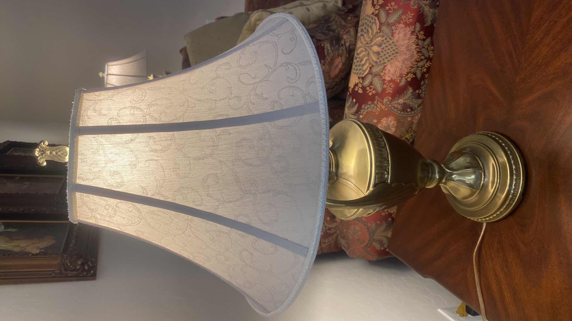 Photo 1 of HEAVY BRASS URN TABLE LAMP WITH FABRIC SHADE H 32”