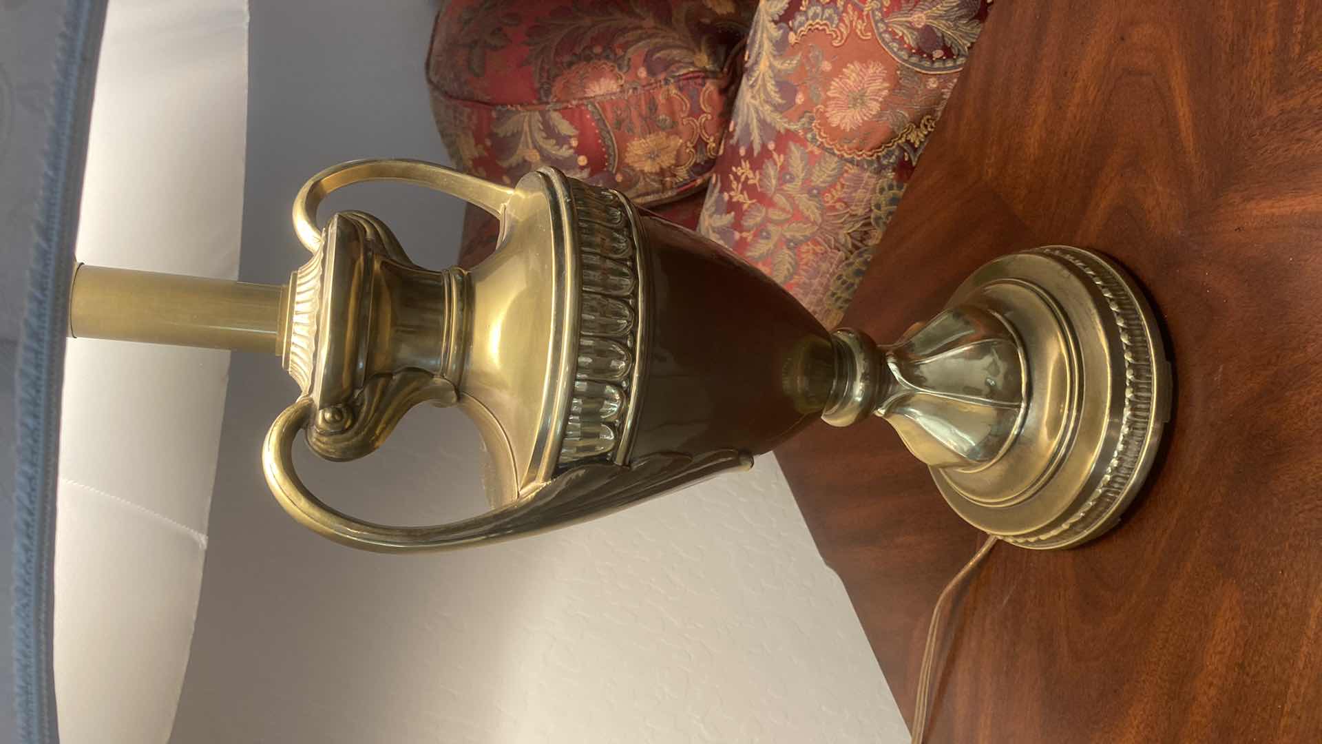 Photo 1 of HEAVY BRASS URN TABLE LAMP WITH FABRIC SHADE H 32”