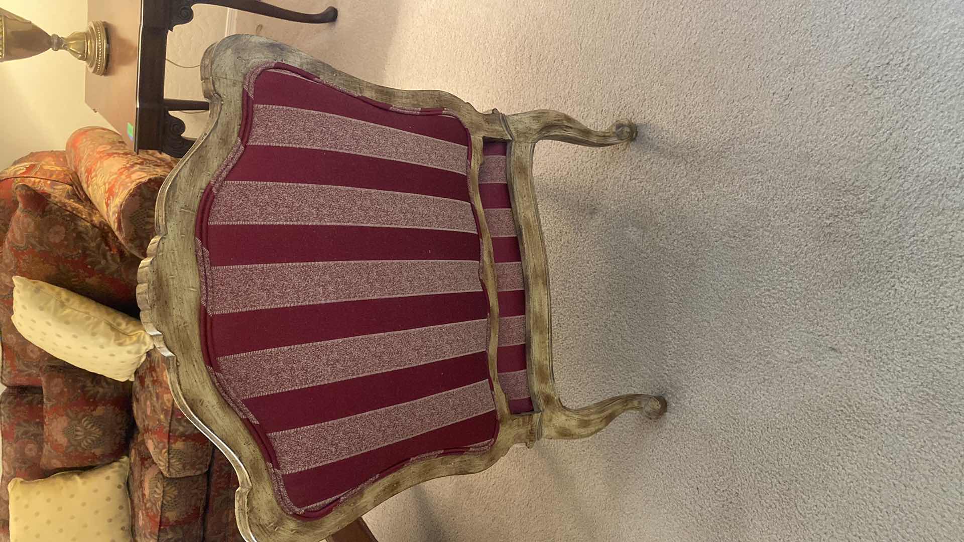 Photo 1 of FRENCH PROVINCIAL WOOD WITH RED & GOLD STRIPED FABRIC OCCASIONAL CHAIR