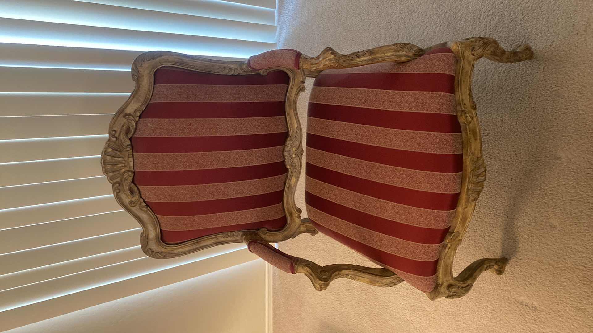 Photo 1 of FRENCH PROVINCIAL WOOD WITH RED & GOLD STRIPED FABRIC OCCASIONAL CHAIR