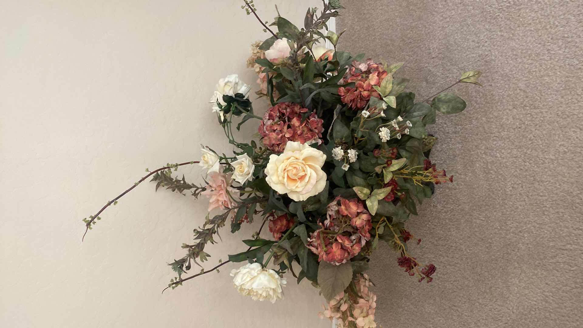 Photo 1 of FAUX FLORAL ARRANGEMENT IN METAL URN 29” x 25”