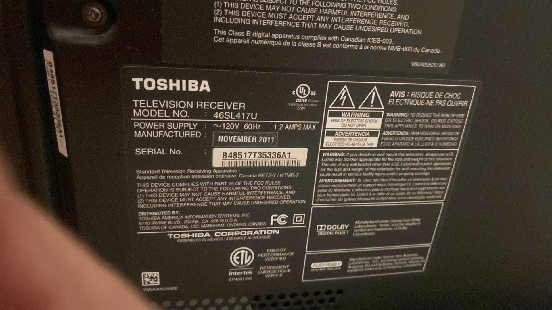 Photo 1 of TOSHIBA 46” TV WITH STAND AND YAMAHA SOUND BAR. INCLUDES COX REMOTE & TOSHIBA REMOTE STAND MEASURES 48” x 18” x 21 1/2”