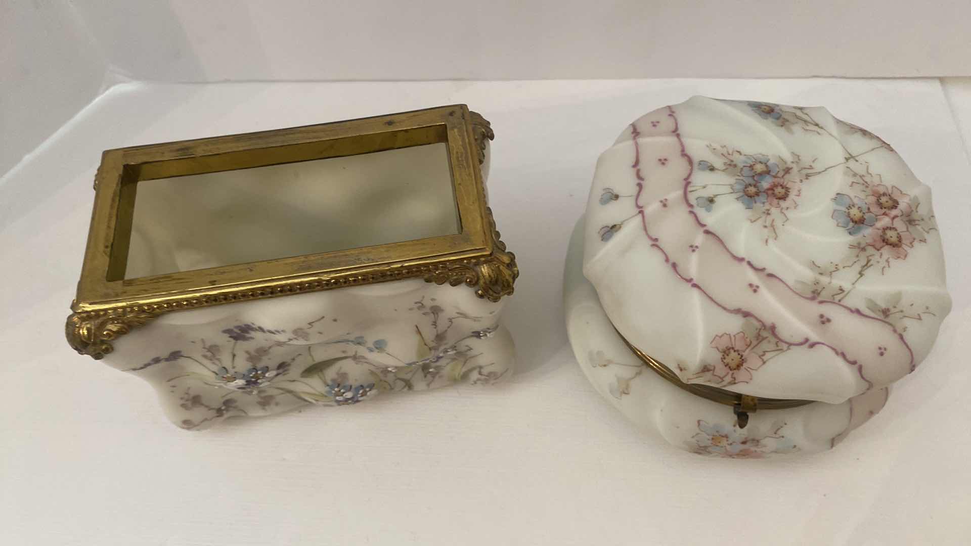 Photo 1 of PAIR OF VINTAGE VANITY GLASS NO MARKS LARGEST 5 1/2” x 4 1/4”