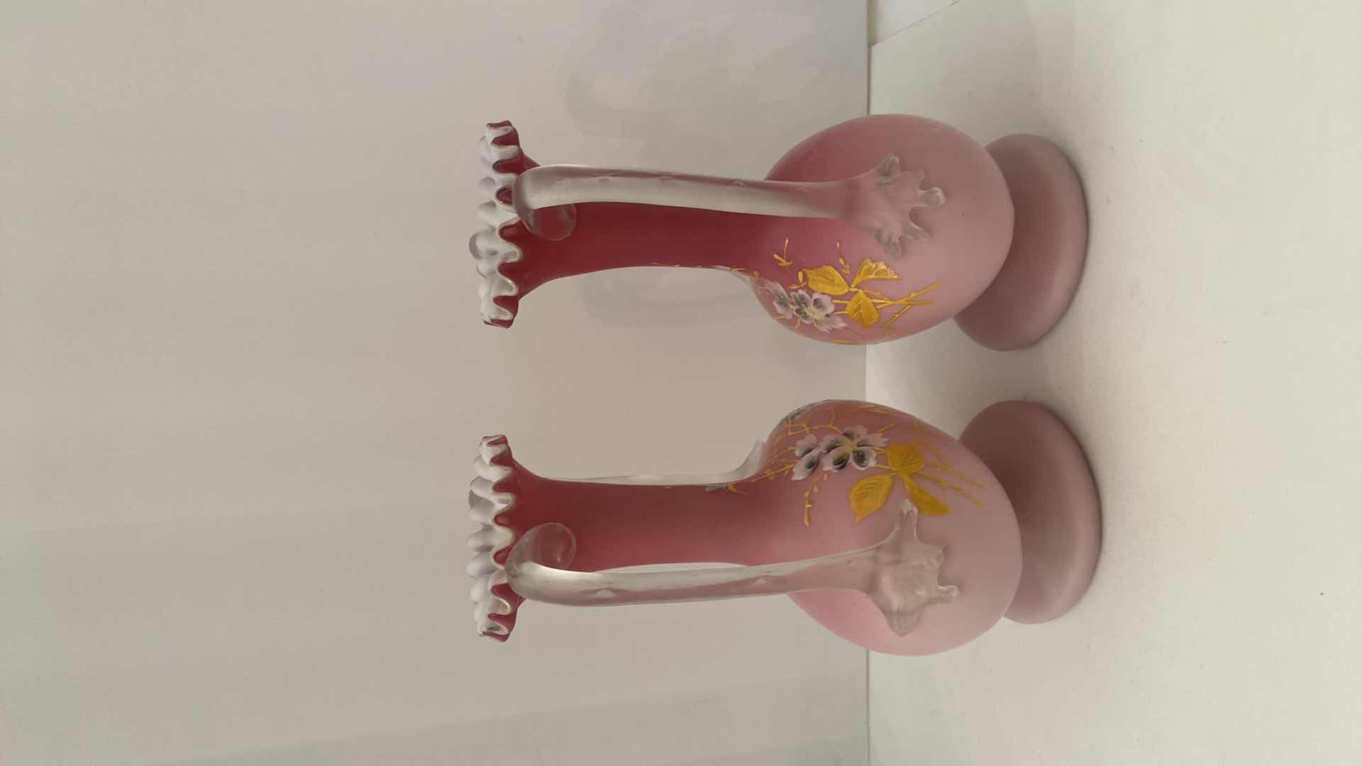 Photo 1 of PAIR OF VICTORIAN CASED SATIN GLASS WITH THORN HANDLE VASES 6“ x 9 3/4” EACH INVOICE FROM 1996