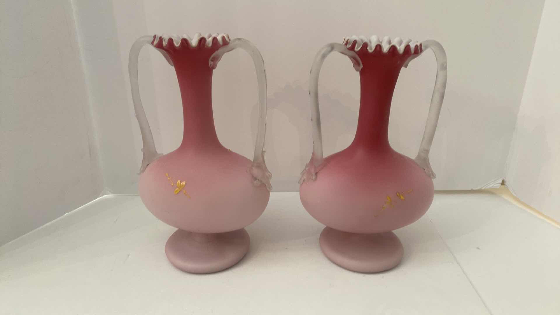 Photo 1 of PAIR OF VICTORIAN CASED SATIN GLASS WITH THORN HANDLE VASES 6“ x 9 3/4” EACH INVOICE FROM 1996